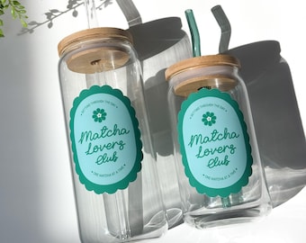Copa de vidrio Matcha Lovers Club, vaso helado para matcha, vaso reutilizable estético para matcha, café, regalo para bebedores de matcha, regalo para bebedores de té