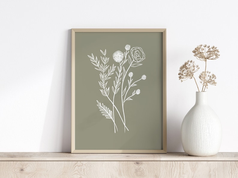 Sage Green Wall Art, Wildflower Prints, Sage Green Prints, Spring Home Decor, Apartment Decor Aesthetic, Sage Green Decor, Mother's Day Art 