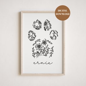 Impression de patte personnalisée, cadeau de perte d'animal de compagnie, empreinte florale de patte, cadeau commémoratif d'animal familier, carte de sympathie d'animal familier, mémorial de pont d'arc-en-ciel, mémorial d'empreinte de patte