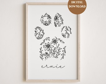 Custom Paw Print, Pet Loss Gift, Floral Paw Print, Pet Memorial Gift, Pet Sympathy Card, Rainbow Bridge Memorial, Paw Print Memorial