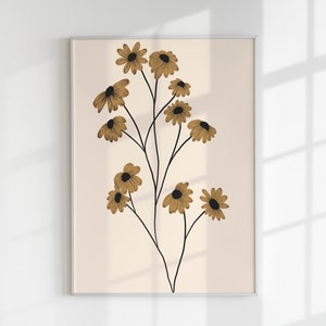 Sunflower Printable Wall Art, Sunflower Illustration, Boho Apartment Decor, Boho Wall Art, Digital Download, Yellow Flower Wall Art image 2