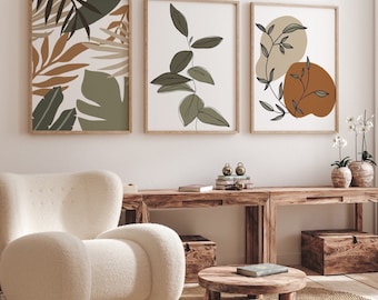 Boho Set of 3 Prints, Botanical Living Room Art, Plant Prints Wall Art, Abstract Botanical Art, Spring Home Decor, Earth Tones Wall Art,