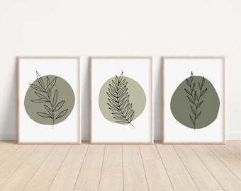 Salbei Grün Wanddrucke, Salbei Grün Galeriewand, 3er-Set Botanische Drucke, Botanisches Druck Set, Salbei Grün, 3er Set Boho Drucke
