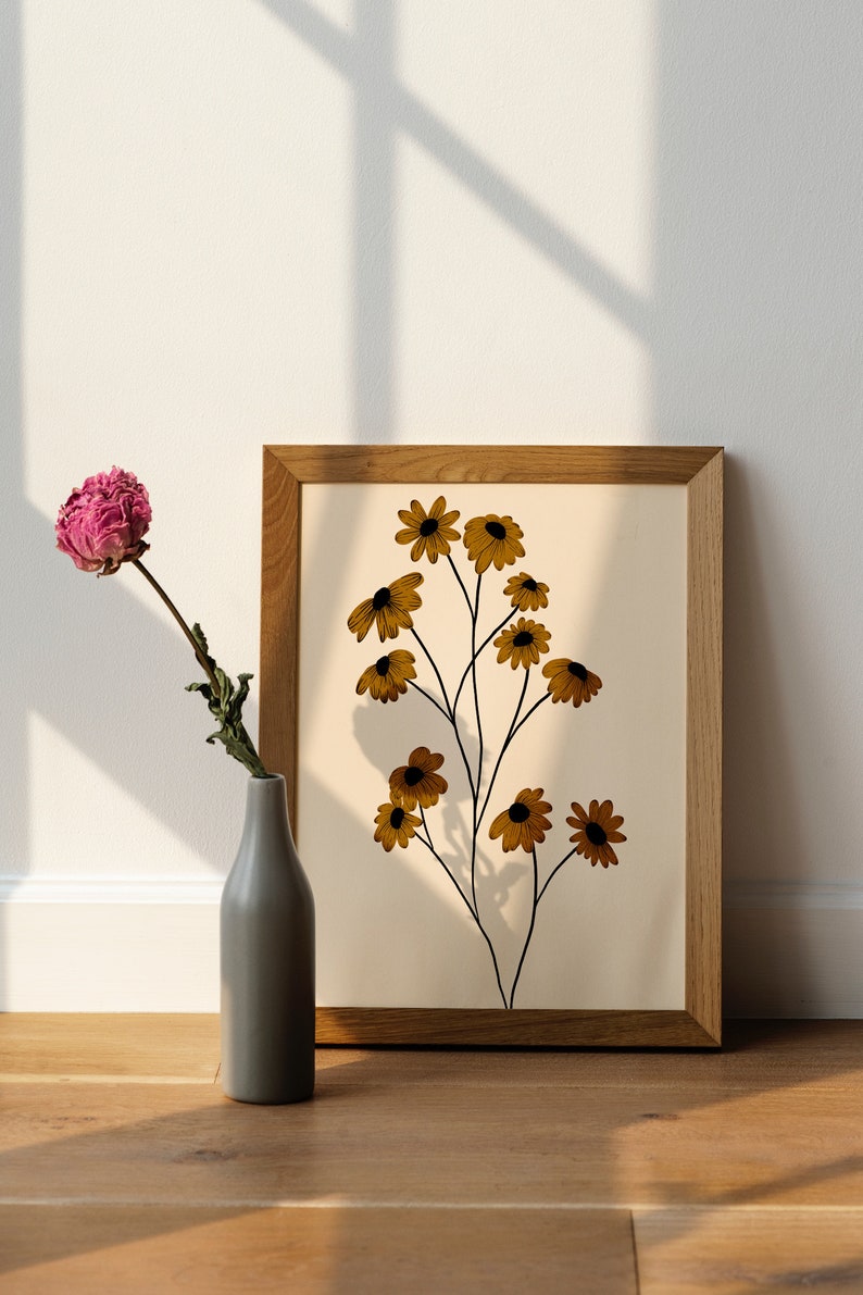 Sunflower Printable Wall Art, Sunflower Illustration, Boho Apartment Decor, Boho Wall Art, Digital Download, Yellow Flower Wall Art image 8