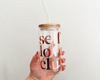 Self Love Club Glass, Self Help Gifts, Mental Health Awareness Cup, Love Yourself Glassware, Retro Drinkware