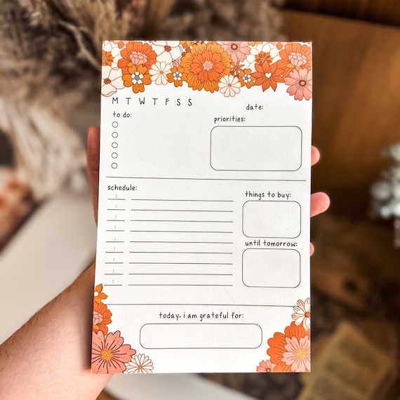 Boho Floral Notepad, To Do List Notepad, 100 Sheet Planner Notepad, Hourly Planner, Floral Planner, Organization Gifts