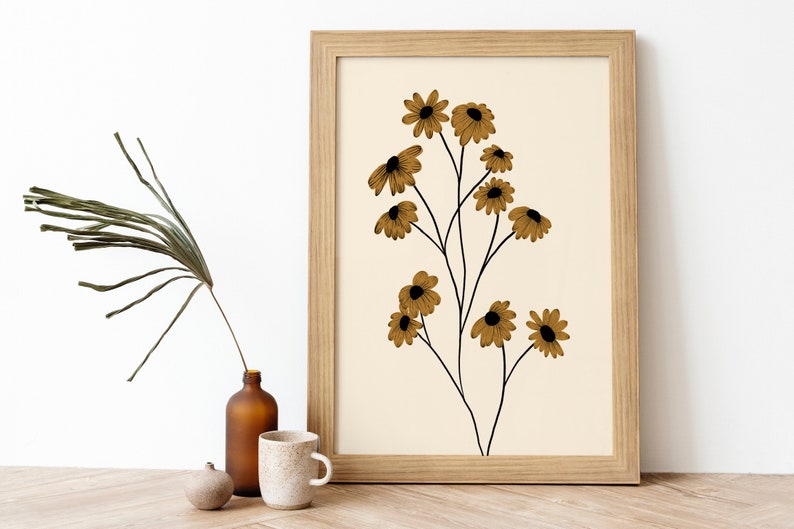 Sunflower Printable Wall Art, Sunflower Illustration, Boho Apartment Decor, Boho Wall Art, Digital Download, Yellow Flower Wall Art image 5