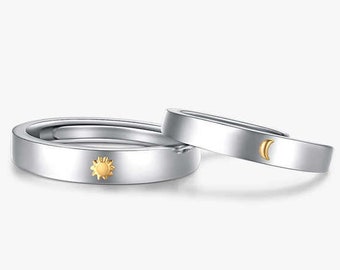 Stainless Steel Sun and Moon Promise Rings Set for 2 | Matching rings for Couples and friends | His and hers rings | Gift Pouch included