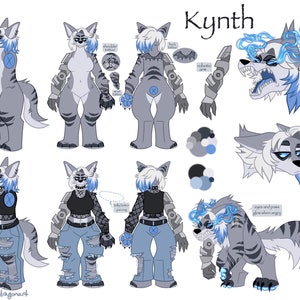 Peut inclure: Une illustration numérique d'un personnage de loup gris nommé Kynth. Le personnage a les yeux bleus et un bras robotique. Le personnage est présenté dans différentes poses et expressions, y compris une expression féroce avec des yeux bleus brillants.