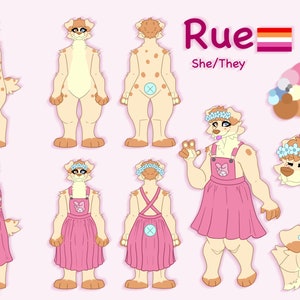 以下が含まれることがあります： リューという名前の犬のキャラクターのデジタルイラスト。リューは、茶色と白の毛並みの犬で、茶色の目とピンクの鼻をしています。リューは、白いエプロンと青い花冠をつけたピンクのドレスを着ています。リューは、立っている、座っている、歩いているなど、さまざまなポーズで描かれています。イラストには、「リュー」と「彼女/彼ら」というテキストと、レズビアンのプライドフラッグが含まれています。
