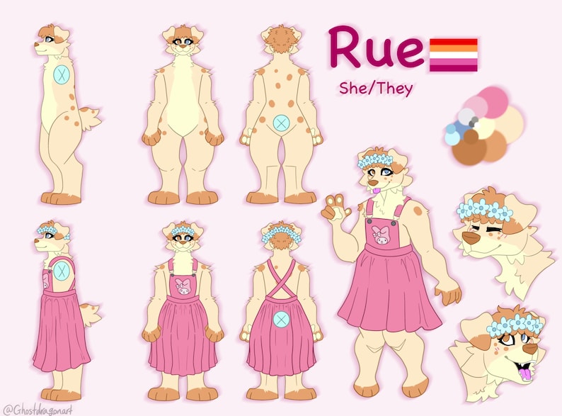 以下が含まれることがあります： リューという名前の犬のキャラクターのデジタルイラスト。リューは、茶色と白の毛並みの犬で、茶色の目とピンクの鼻をしています。リューは、白いエプロンと青い花冠をつけたピンクのドレスを着ています。リューは、立っている、座っている、歩いているなど、さまざまなポーズで描かれています。イラストには、「リュー」と「彼女/彼ら」というテキストと、レズビアンのプライドフラッグが含まれています。