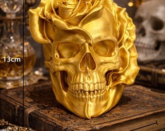 Dekorativer goldener Totenkopf mit Rose, 3D-Skulptur, gotisches Objekt