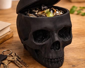 Dekorative schwarze Totenkopfbox mit Deckel – 3D-Gotik-Skulptur – Aufbewahrung