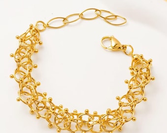 Goldfarbenes Edelstahl-Cyclone-Mesh-Armband, 1,0 cm breit – 21 cm lang + 3 cm Verlängerung