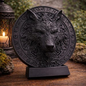 Peut inclure: Sculpture en relief noire représentant une tête de loup sur une base rectangulaire. Le design circulaire présente des motifs tourbillonnants détaillés autour du visage du loup. L'arrière-plan est flou, avec de la verdure et une lanterne.