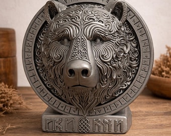 Wikingerbär-Statue mit nordischen Runen – 3D-Dekorationsskulptur – Skandinavischer Mythologie-Stil