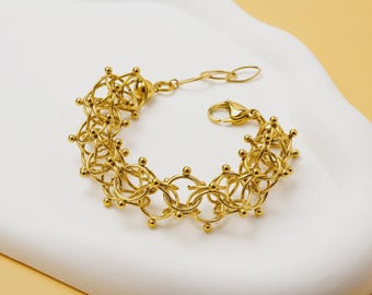 Goldfarbenes Edelstahl-Cyclone-Mesh-Armband, 1,4 cm breit – 21 cm lang + 3 cm Verlängerung