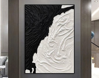 Nocturnal Snow Handmade Abstract Oil Painting, Modern Textured Handmade Oil Painting, Black and White Contemporary Art