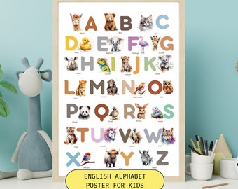 Afiche del Alfabeto Inglés con Animales en Acuarelas para Niños / Imprimible /