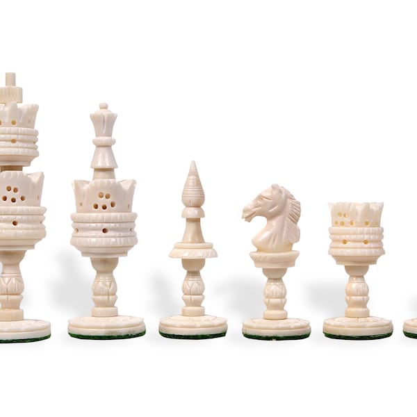 Lotus Design Camel bone Chess Pieces Only Set King 4.1" Hand Carved Unique Collector Vintage Chess Pieces