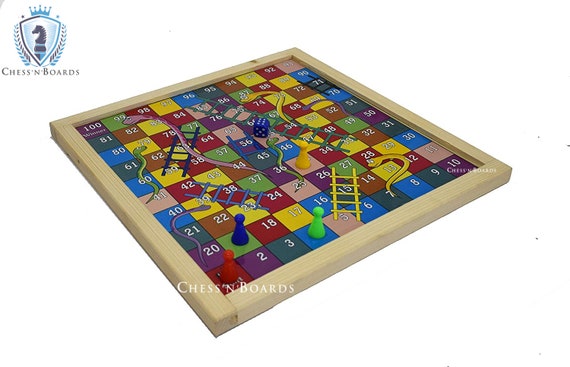 Gamie Wooden Snakes and Ladders Board Game, Conjunto Completo com