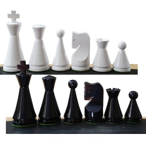 May include: A set of chess pieces in black and white. The pieces are arranged in two rows, with the white pieces on the top row and the black pieces on the bottom row. The pieces include a king, queen, rook, bishop, knight, and pawn.