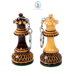 Queen Chess Piece Key Chains in Burnt Boxwood with ecstatic hand carving | Buy one Get one free | Handcrafted key ring/ High Glossy Finish.