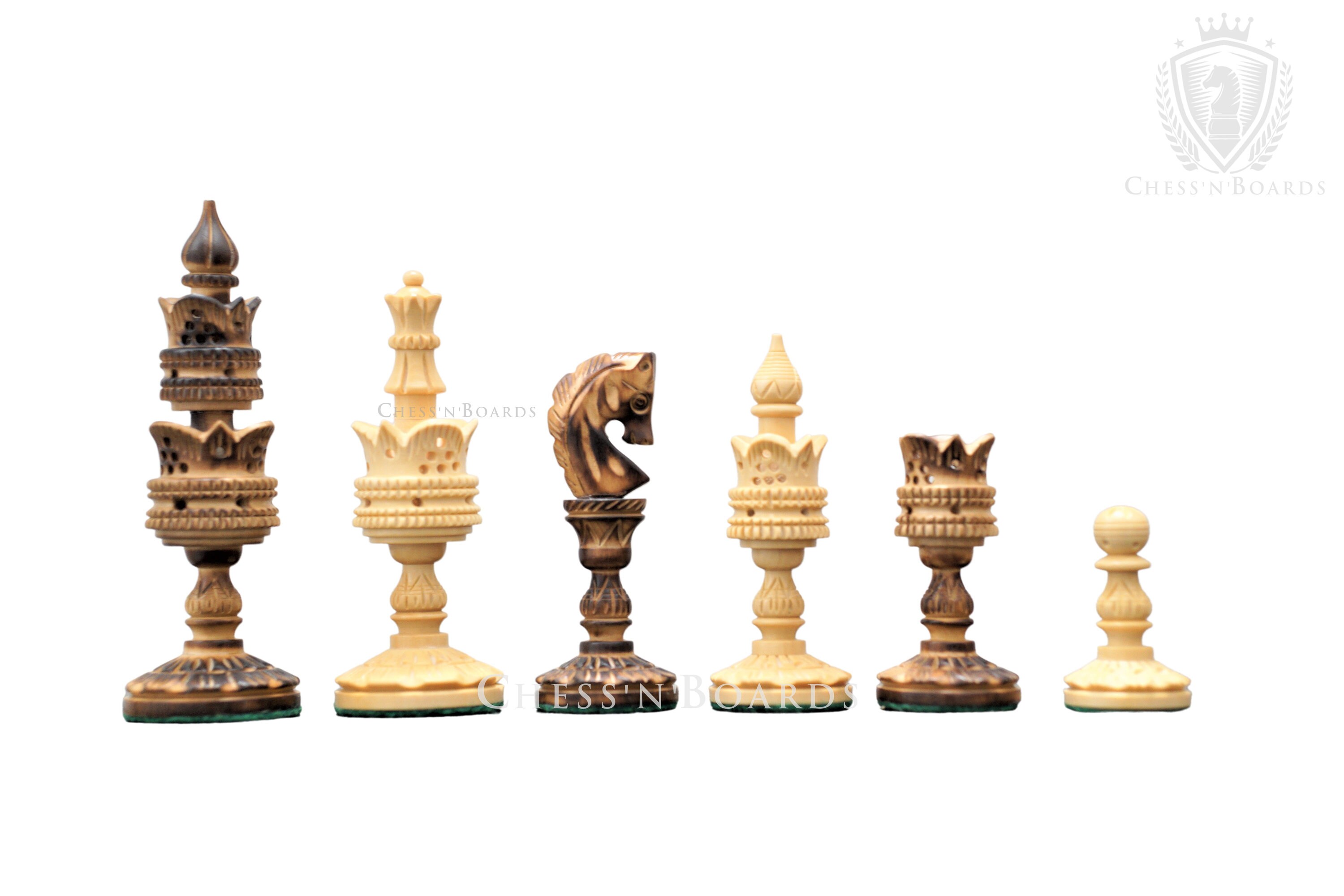 Burnt Mikhail Tal Chess Pieces in Burnt Boxwood and Boxwood- 3.75