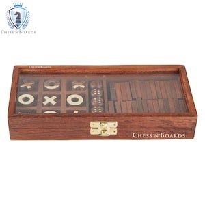 Wooden 3-in-1 Parlour Game Set | 28 Dominoes, 9 Tic-Tac-Toe Tokens & 5 Wooden Dice | Play 3 Classic Board Games/ Thanks Giving Gift