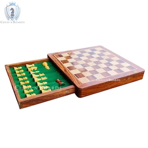 Indian Handmade Wooden Drawer Chess Board Set With Storage Drawer, 12&quot;x12&quot; Inches Wooden Drawer Chess Board Set/Thanks Giving Gift