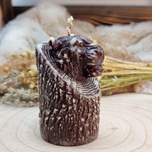 Hand-poured tiger head candle made of beeswax with marble technique | detailed totem candle in tree trunk design | spiritual gift idea