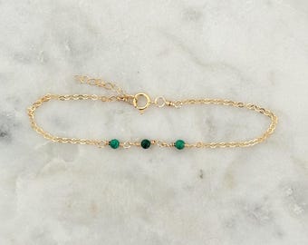 Malachite Link Bracelet, 14k Gold Filled, Sterling Silver, Dainty Gemstone Bracelet, Gemstone Jewelry, Gold Chain Bracelet, Gold Jewelry