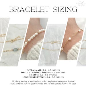 May include: A guide to bracelet sizing with four different bracelets shown on wrists. The text reads: "BRACELET SIZING", "EXTRA SMALL: 5.5 - 6.5 INCHES", "SMALL (STANDARD SIZE): 6.5 - 7.5 INCHES", "MEDIUM: 7.5 - 8.5 INCHES", "LARGE (ANKLET SIZE): 8.5 - 9.5 INCHES", "All of my jewelry is handmade to order, so please message me if you'd like a different size for your bracelet, and I'd be happy to make it for you!"