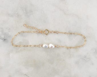 Double Freshwater Pearl Bracelet, 14K Gold Filled Bracelet, Dainty Pearl Bracelet, Bridesmaid Bracelet, Wedding Jewelry, June Birthstone