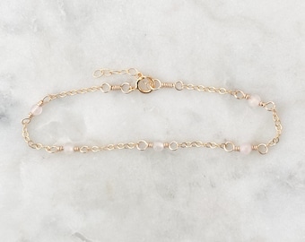 Rozenkwartsarmband, 14k gold filled, sterlingzilver, sierlijke edelsteenarmband, handgemaakte sieraden, gouden kettingarmband, gouden sieraden