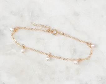 Freshwater Pearl Dangle Bracelet, 14k Gold Filled, Sterling Silver, Gold Chain Bracelet, Handmade Jewelry, Bridal Jewelry