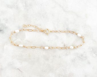 Freshwater Pearl Paperclip Bracelet, 14k Gold Filled, Sterling Silver, Bridal Jewelry, Handmade Jewelry, Chain Bracelet