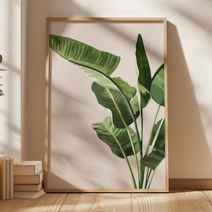 Może przedstawiać: Wydruk w ramie przedstawiający tropikalną roślinę z dużymi zielonymi liśćmi na jasnoróżowym tle.