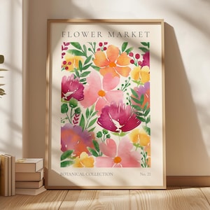 Heller Blumenmarkt Print, Wilde Blumen Wandkunst, Blumenmarkt Poster, Wohnzimmer Druck, Schlafzimmer Wanddekor, moderne Aquarell Blumenkunst