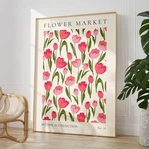 May include: A poster featuring a floral pattern of pink tulips on a cream background. The poster has the text "FLOWER MARKET" at the top and "BOTANICAL COLLECTION No. 14" at the bottom.