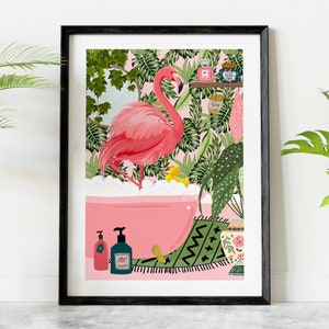 Flamingo in Bathtub Boho Bathroom Print, Pink Flamingo Print, Maximalist Tropical Bathroom Wall Art, Animal in Bath Eclectic Botanical Decor