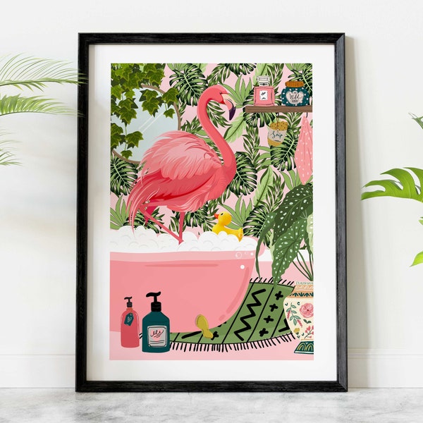 Flamingo in bad Boho badkamer print, roze flamingo print, maximalistische tropische badkamer kunst aan de muur, dier in bad eclectisch botanisch decor