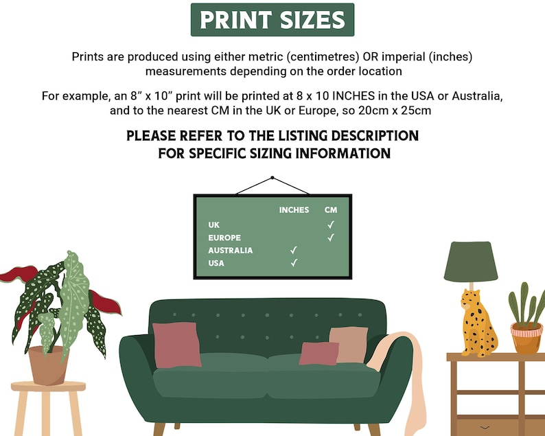 May include: A green chalkboard with the text "PRINT SIZES" and a table showing the different sizes of prints available in inches and centimeters for the UK, Europe, Australia, and the USA.