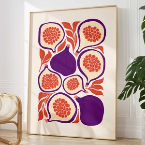 Impressão minimalista de Fig Matisse, pôster abstrato de frutas de meados do século, arte de parede botânica para cozinha, ilustração de comida moderna para decoração de cozinha