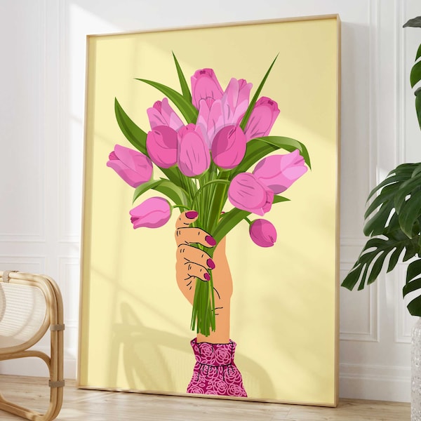 Pink Tulip Abstract Wall Art Print, Pastel Yellow Flower Wall Decor, Spring Flowers Boho Bouquet, Trendy Colourful Botanical Flower Print