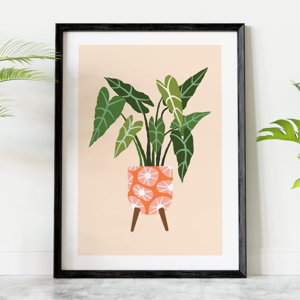 Blush Pink Alocasia House Plant Wall Art, Boho Botanical Danish Pastel Art Print, Modern Potted Planter Plant Lover Gift, Pastel Leaf Print