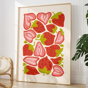Fruitprint in Matisse-stijl aardbei: abstracte keukenmuurkunst uit het midden van de eeuw, moderne voedselillustratie