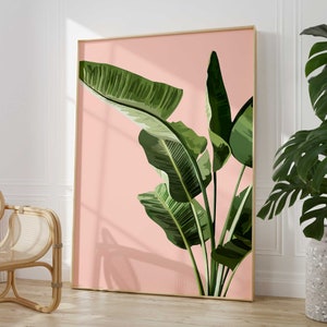 Hoja de plátano rosa tropical imprimible, arte botánico de la pared de la hoja de palma, ilustración abstracta de la selva, cartel de la selva tropical, decoración del hogar de la sala de estar