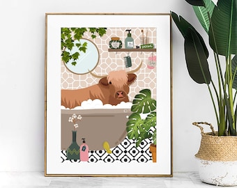 Väggkonst för badrum med höglandsko, roligt djurtryck med boskap, toalettkonst för heminredning, barnbadrumstavla, beige maximalistisk humoristisk toalettposter