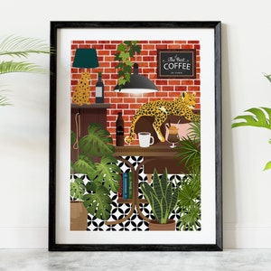 Coffee Bar Print, Coffee Shop Backdrop Leopard Print, Coffee Printable Wall Art, Bold Botanical Animal Art, Maximalist Coffee Lover Decor image 1